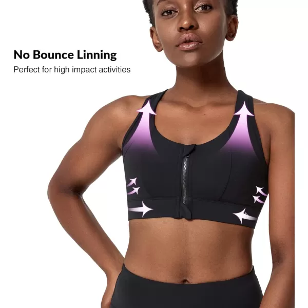 Zip Front Sports Bra for Women High ImpactPadded Strappy Cross Back Push Up Running BraBlack