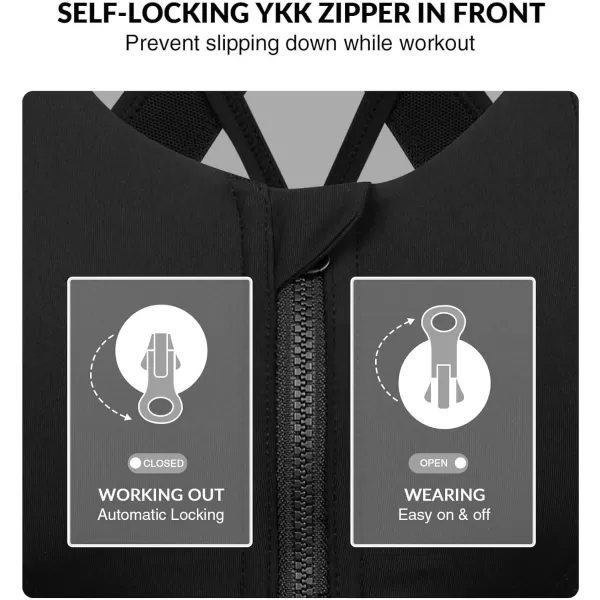 Zip Front Sports Bra for Women High ImpactPadded Strappy Cross Back Push Up Running BraBlack