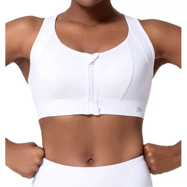 Zip Front Sports Bra for Women High ImpactPadded Strappy Cross Back Push Up Running BraWhite