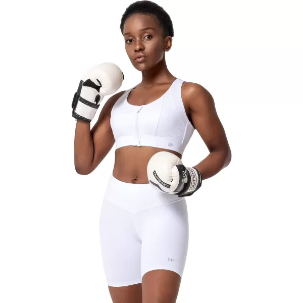 Zip Front Sports Bra for Women High ImpactPadded Strappy Cross Back Push Up Running BraWhite