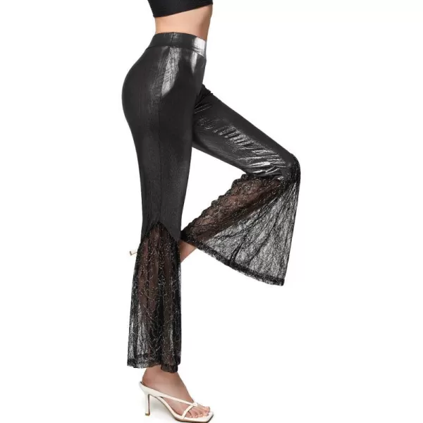 Yvette Bell Bottom Lace Flare Pants High Waisted PetitePlus Size Womens Sexy Dressy or Casual Stretchy Black amp PrintedBlack Vegan Leather