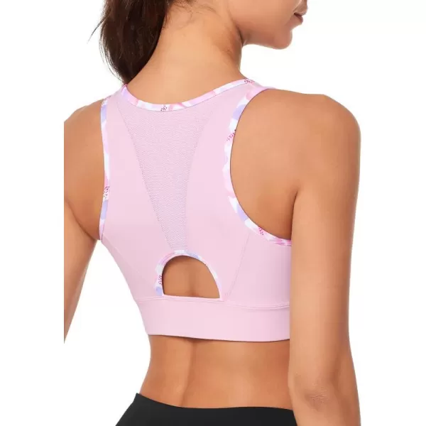 Yvette High Impact Sports Bras for Women Zip Front Floral Racerback Plus Size High Support Bra for Large BustsPink