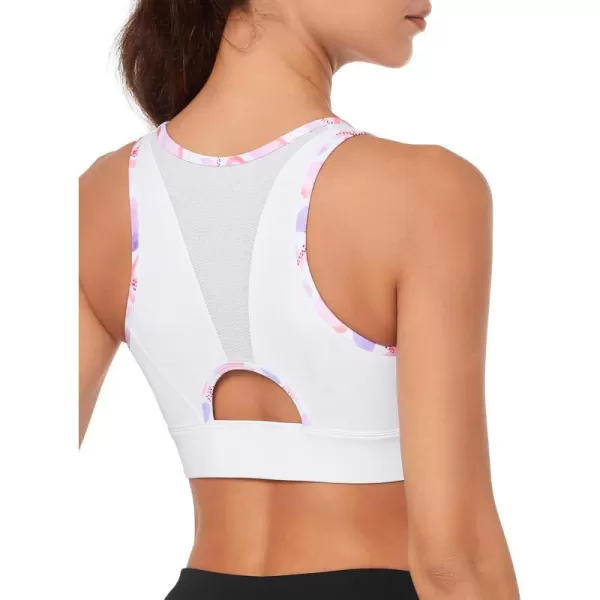 Yvette High Impact Sports Bras for Women Zip Front Floral Racerback Plus Size High Support Bra for Large BustsWhite