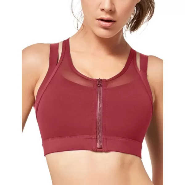 Yvette High Impact Women Sports Bra Front Closure Double Deck Mesh Running Bra for Plus Size for Plus SizeCoral Red