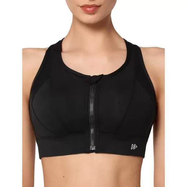 Yvette High Impact Zip Front Sports Bra Mesh Racerback Workout High Support Sports Bras for Women Large BreastsBlack