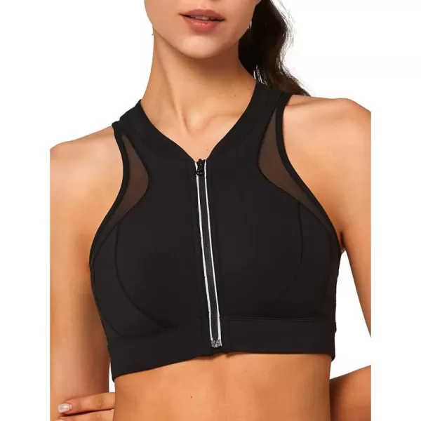 Yvette High Neck Zip Front Closure Sports Bras for Women High Support Mesh Racerback Running Bra Workout FitnessBlack