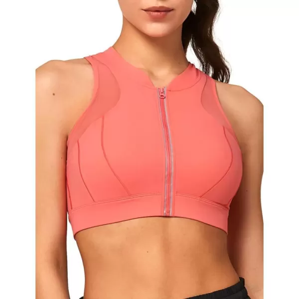 Yvette High Neck Zip Front Closure Sports Bras for Women High Support Mesh Racerback Running Bra Workout FitnessOrange