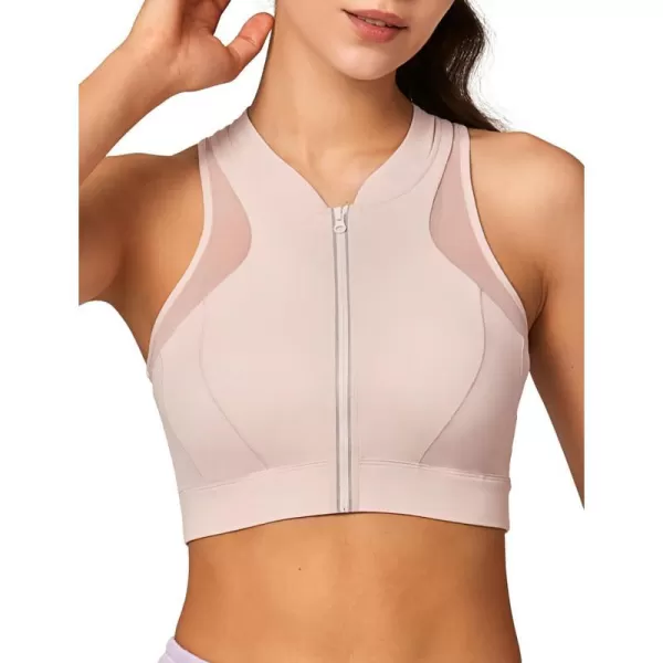 Yvette High Neck Zip Front Closure Sports Bras for Women High Support Mesh Racerback Running Bra Workout FitnessPink