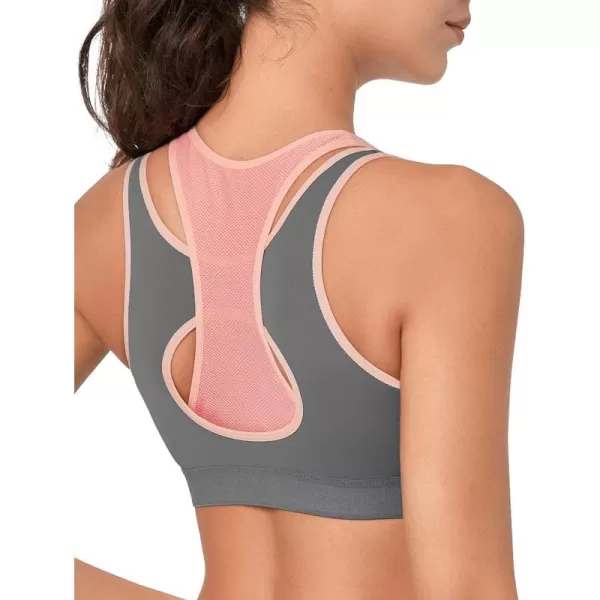 Yvette High Support Sports Bras for Women Double Deck Straps High Impact Mesh Zip Front Sports Bra for RunningGrey Pink