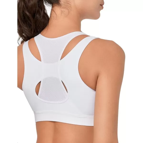 Yvette High Support Sports Bras for Women Double Deck Straps High Impact Mesh Zip Front Sports Bra for RunningWhite