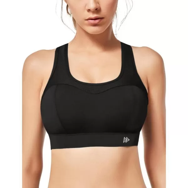 Yvette High Support Sports Bras for Women Splicing Mesh Workout Sports Bra for Plus SizeBlack