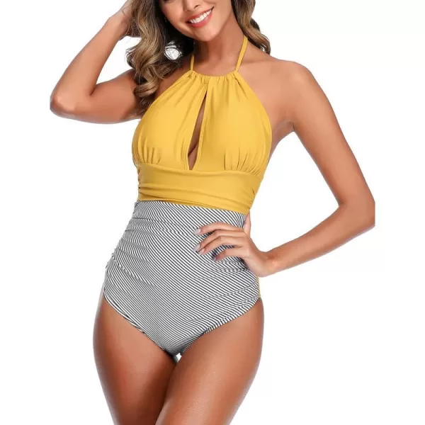 Yvette One Piece Swimsuit Women Tummy Control Ruched High Waisted Cutout Boho Bathing Suit MonokiniYellow  Stripes