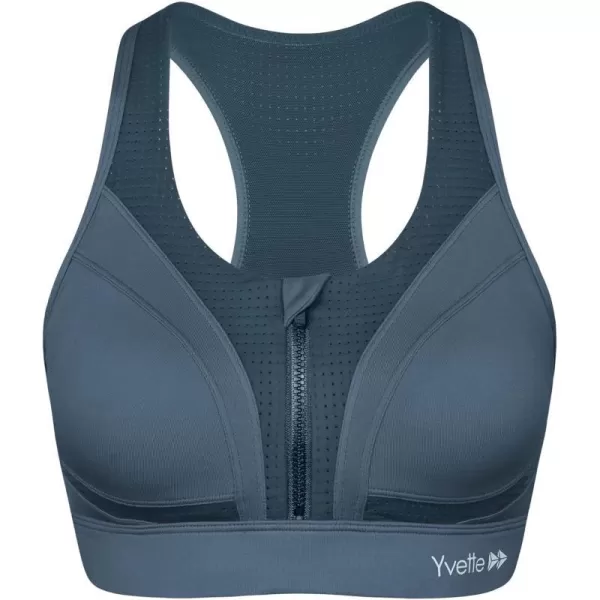Yvette Sports Bras for Women High Impact Racerback Workout Bra for Running for Plus SizeHaze Blue  Half Open Zipper