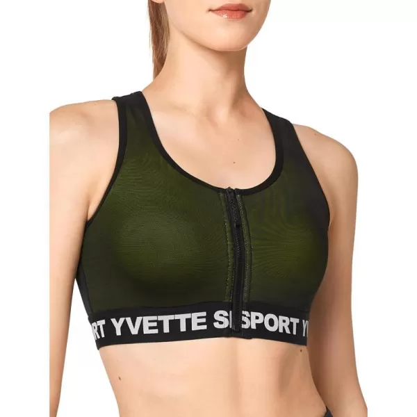 Yvette Sports Bras for Women High Ssupport Impact Large Bust Racerback Front Zip Sports Bra for Running WorkoutGreen