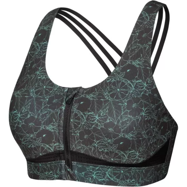 Yvette Strappy Zip Front Sports Bra High Impact Workout Bra for Running Spinning Dancing WomenGreen Printed