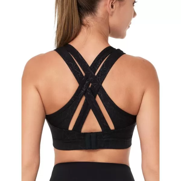 Yvette Women High Impact Sports Bras Criss Cross Back Sexy Running Bra for Plus SizeBlack Printed