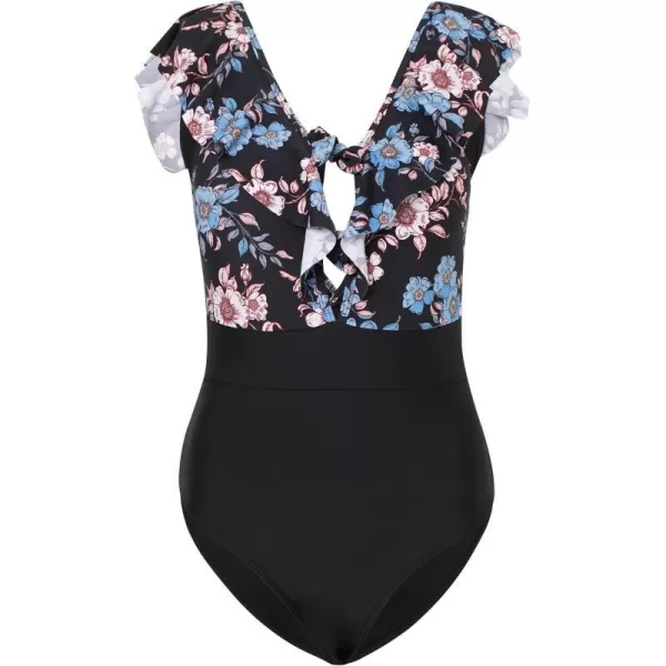 Yvette Women One Piece Swimsuit Floral VNeck Ruffle Bathing Suit Padded Monokini BohoBlack Printed