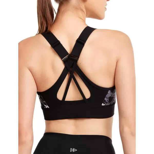 Yvette Womens Adjustable Sports Bra High Impact Zip Front Closure Crossed Back Supportive Running BraBlack
