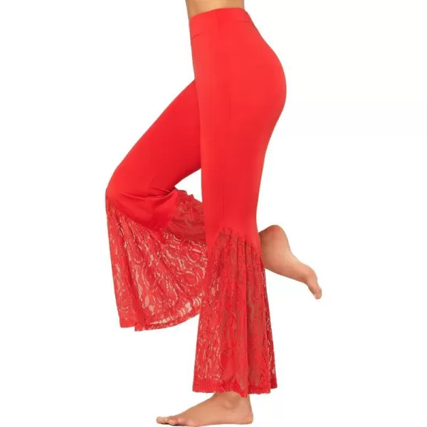Yvette Womens Bell Bottom Pants Flare Leggings High Waist Tummy Control Wide Leg Dancing Bootcut Yoga PantsRed Wide Lacy Patchwork