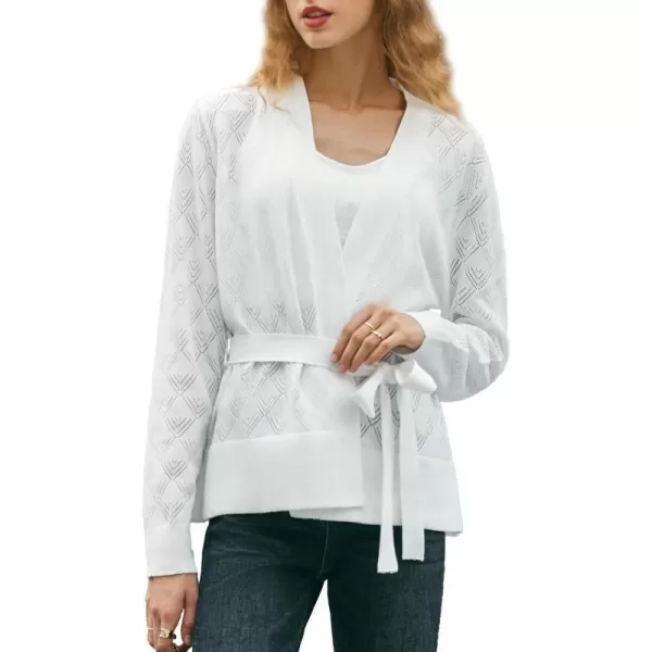Yvette Womens Cardigan Sweaters HollowOut Open Front Knit Lightweight Sweater with Belt for WomenWhite