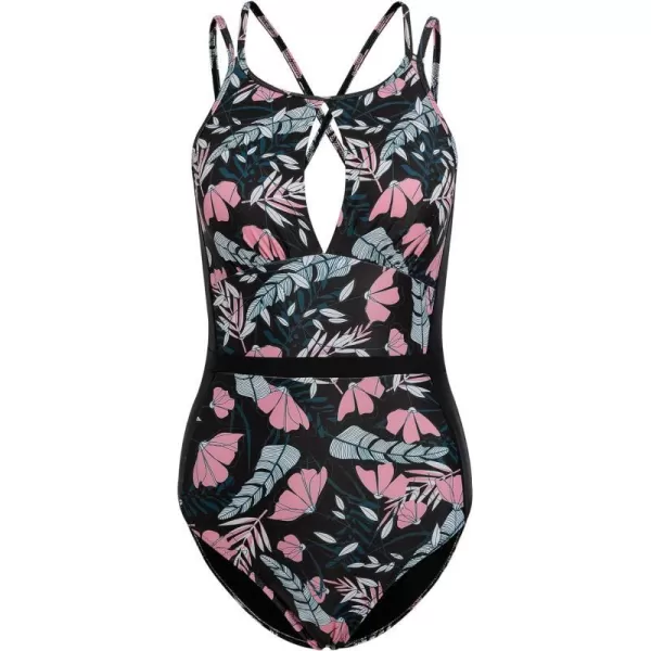 Yvette Womens One Piece Swimsuit High Neck Floral Tummy Control Monokini Lace Up Back Swimwear Bathing SuitBlack Printed