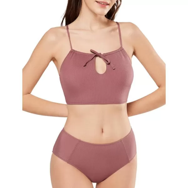 Yvette Womens Ruffled Bikini Sets Peplum Ribbed V Neck High Waist Modest Swimsuit Two Piece Bathing SuitPurple