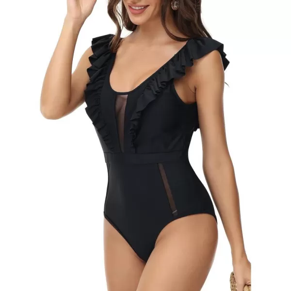 Yvette Womens Ruffled One Piece Swimsuit with Mesh Sexy Backless High Waisted Tummy Control Black MonokiniBlack