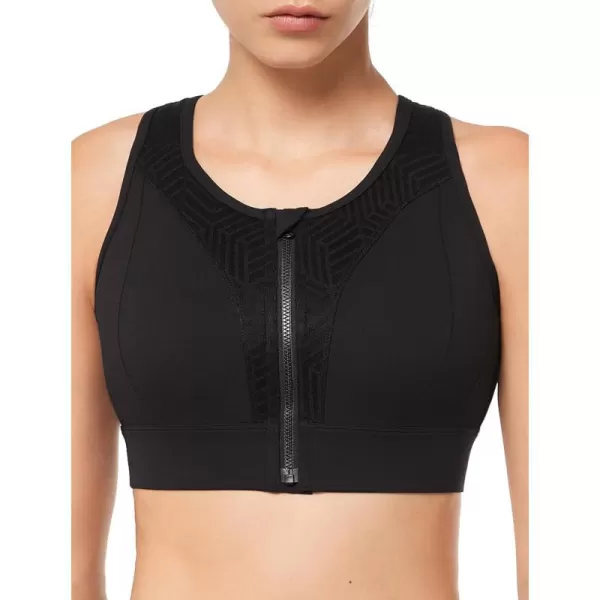 Yvette Womens Zip Front Closure Sports Bra High Impact Racerback Sports Bras for Running Plus SizeBlack