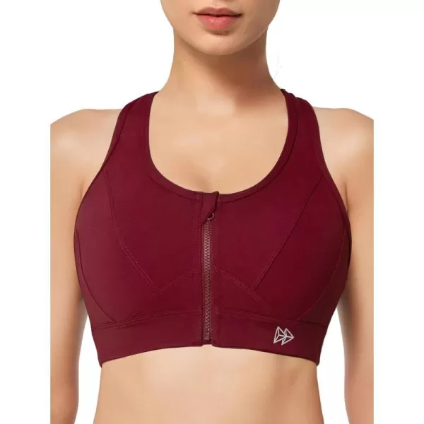 Yvette Zip Front Sports Bra  High Impact Sports Bras for Women Plus Size Workout Fitness RunningBurgundy