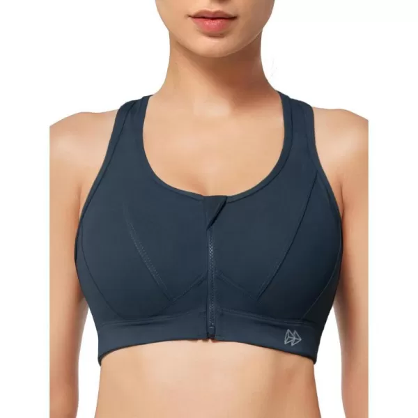 Yvette Zip Front Sports Bra  High Impact Sports Bras for Women Plus Size Workout Fitness RunningNavy Blue