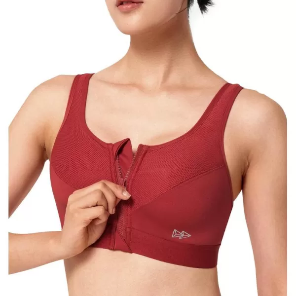 Yvette Zip Front Sports Bras 32A48DD Plus Size for Women High Impact Yoga Bra Wirefree No PaddingBurgundyPlease Size Up