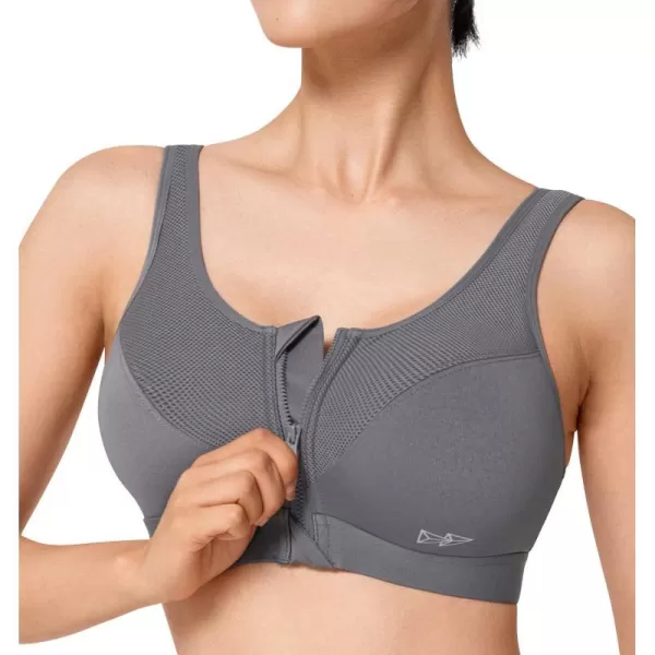 Yvette Zip Front Sports Bras 32A48DD Plus Size for Women High Impact Yoga Bra Wirefree No PaddingGrey