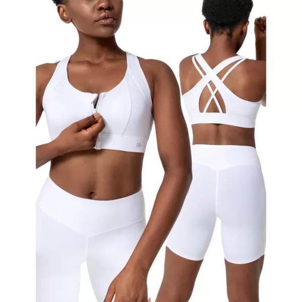 Zip Front Sports Bra for Women High ImpactPadded Strappy Cross Back Push Up Running BraWhite