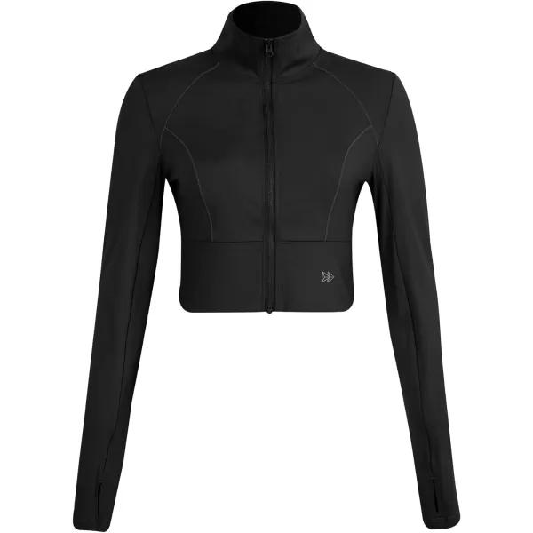 Yvette Womens Full Zip Athletic Jackets Lightweight Running Workout Jacket with Thumb Holes Sports Crop TopBlack