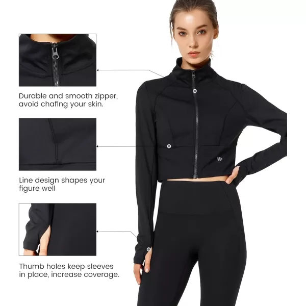 Yvette Womens Full Zip Athletic Jackets Lightweight Running Workout Jacket with Thumb Holes Sports Crop TopBlack