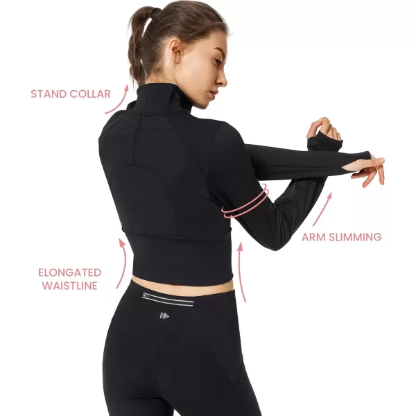 Yvette Womens Full Zip Athletic Jackets Lightweight Running Workout Jacket with Thumb Holes Sports Crop TopBlack