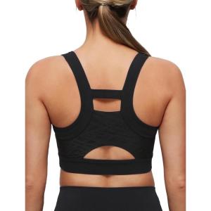 imageYvette Elegant Mesh Back Yoga Bra Racerback Light Support Padded Wireless Bra Full Coverage Cropped Tank TopBlack