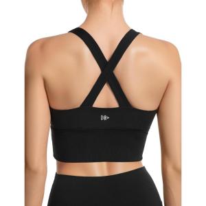 imageYvette Longline Cross Strap Sports Bras for Women Vivid Threaded Wide Sides Ypga Bra Light SupportBlack