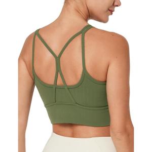 imageYvette Strappy Sports Bra Lightweight Series Workout Tank Tops Waffle Texture Removable Cups Yoga Bra for WomenGreen