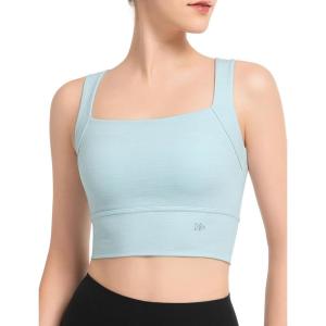 imageYvette Yoga Sports Bras for Women Longline Square Neck Plain Light Support Padded Wireless Bra Full Coverage Cropped Tank TopBlue