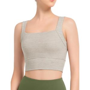 imageYvette Yoga Sports Bras for Women Longline Square Neck Plain Light Support Padded Wireless Bra Full Coverage Cropped Tank TopLight Beige