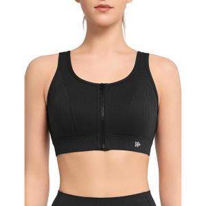 imageYvette High Impact Sports Bras for Women Front Zipper Jacquard Plus Size Full Support Molded Cup Sports Bra for RunningBlack