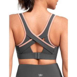 imageYvette High Impact Sports Bras for Women Large Bust Crossed Back Color Blocking Supportive Sports Bra Plus Size RunningGrey