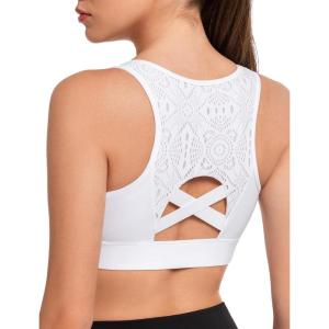 imageYvette Lace Front Zip Sports Bras for Women High Impact Running Bras for Large BustWhite