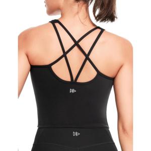 imageYvette Longline Yoga Sports Bra Crisscross Back Thin Straps Removable Padding Full Coverage Workout Tank TopBlack