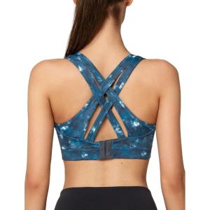 imageYvette Women High Impact Sports Bras Criss Cross Back Sexy Running Bra for Plus SizeBlue Printed  Double Thin Strap  High Impact