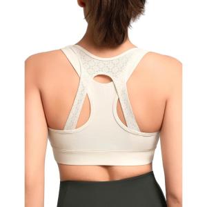 imageYvette Womens Zip Front Sports Bra High Impact Supportive Plus Size Bra for Large BustIvory