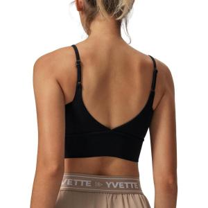 imageYvette Adjustable Spaghetti Straps V Back Sports Bras for Women Light Support Padded Wireless Yoga Bra Cropped Tank TopBlack
