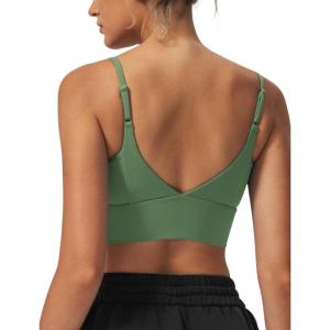 imageYvette Adjustable Spaghetti Straps V Back Sports Bras for Women Light Support Padded Wireless Yoga Bra Cropped Tank TopGrass Green