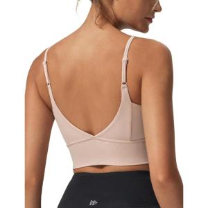 imageYvette Adjustable Spaghetti Straps V Back Sports Bras for Women Light Support Padded Wireless Yoga Bra Cropped Tank TopPink
